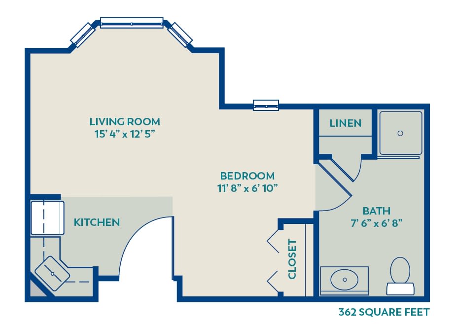 A floor plan depicting the layout of a one-bedroom apartment with labeled spaces including a living room, kitchen, bedroom, bathroom, and closet.
