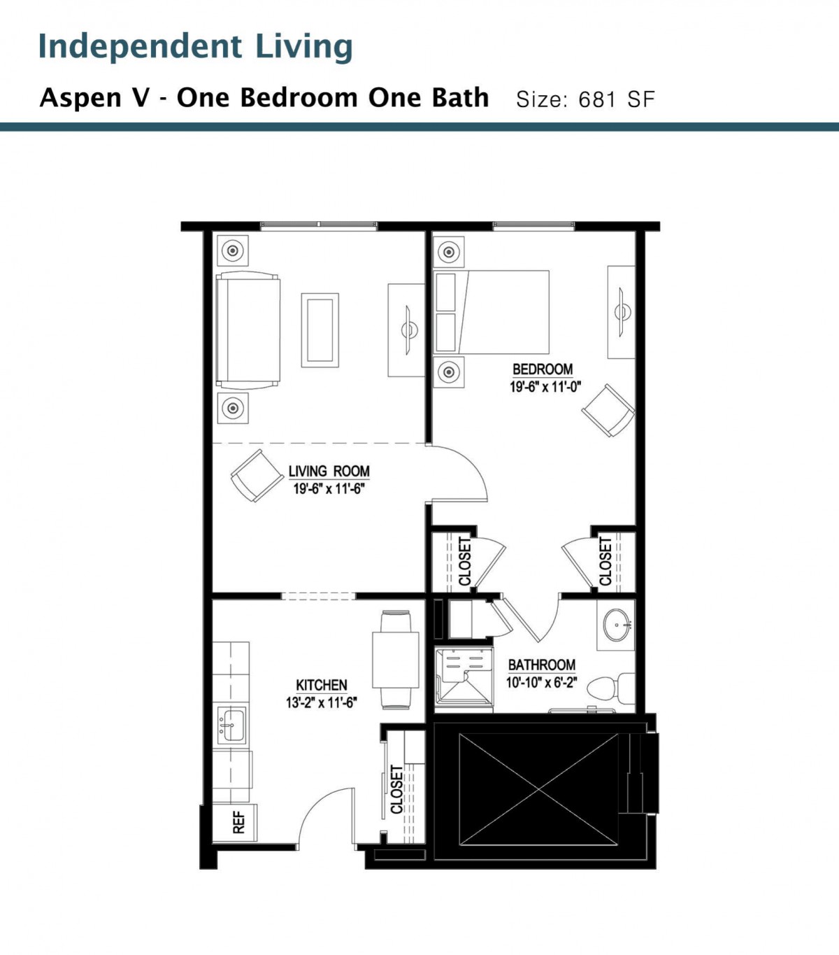 A floor plan of a one-bedroom, one-bath apartment with designated spaces for a living room and kitchen.