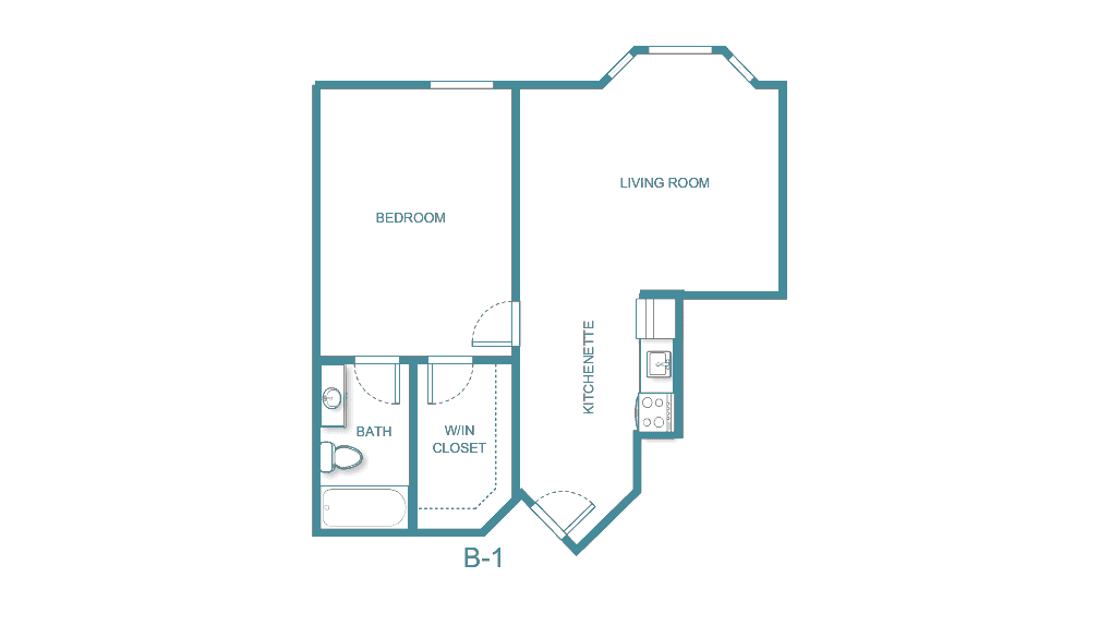 Apartment floor plan featuring one bedroom, a living room, and a bathroom.