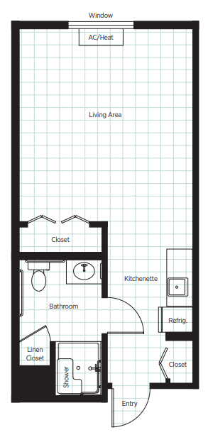 A floor plan of a studio apartment featuring a bathroom, kitchenette, and closet.