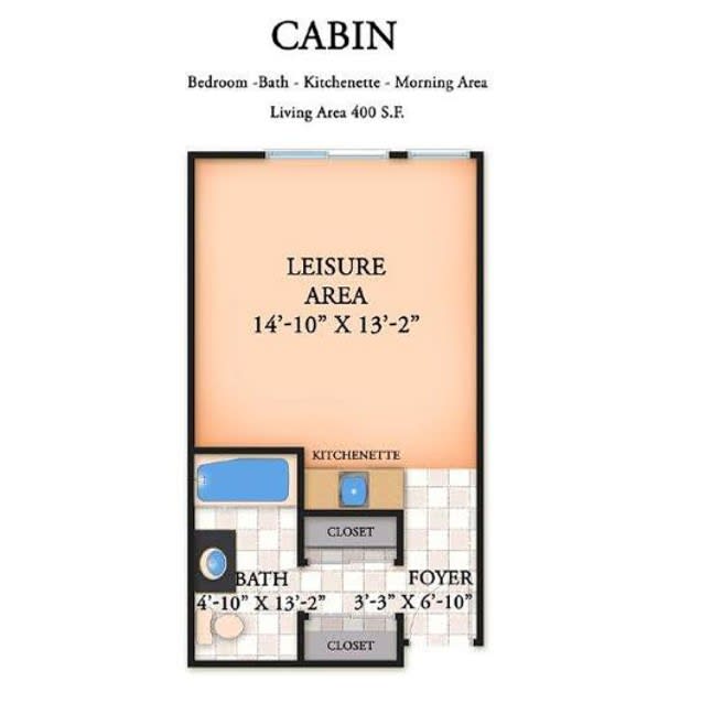 Floor plan of a cabin featuring a leisure area, bathroom, and kitchenette.