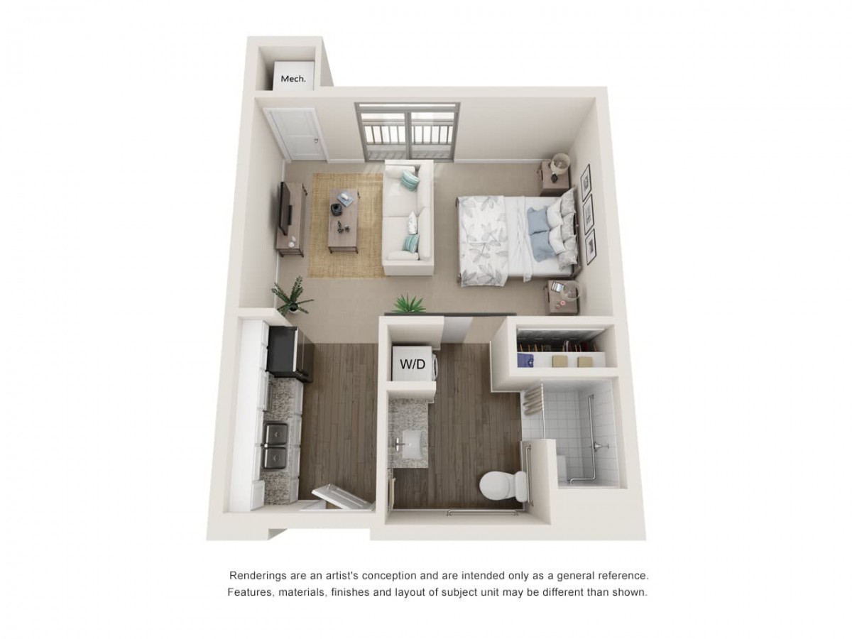 A 3D floor plan of a one-bedroom apartment showcasing the living area, kitchen, bedroom, and bathroom.