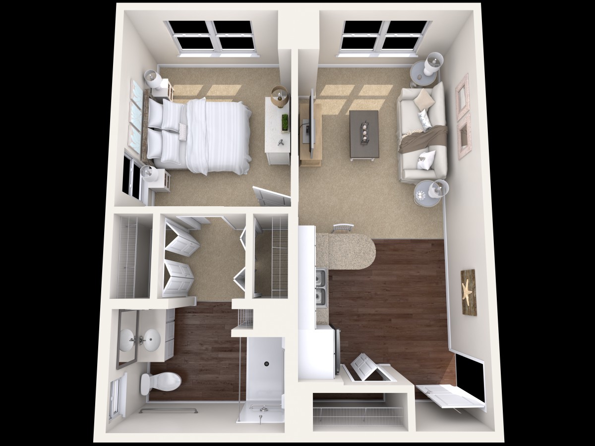 A 3D floor plan of a one-bedroom apartment featuring a bathroom, kitchen, and living area.