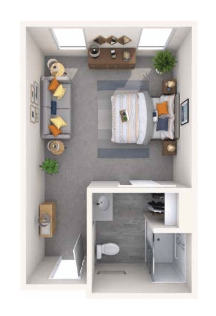 Top view of a modern and cozy small bedroom with a functional layout.