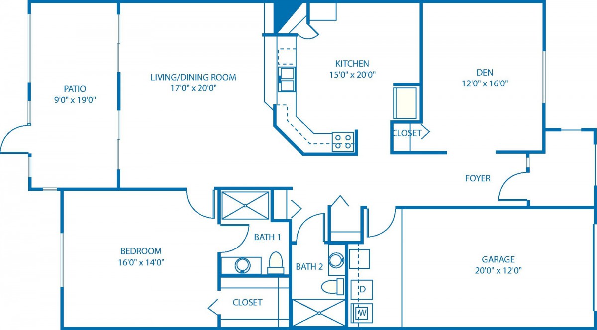 This is a floor plan of a two-bedroom apartment featuring a living/dining room, kitchen, and bathroom.