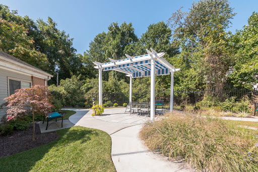 A serene outdoor space featuring a stylish pergola surrounded by lush greenery and a winding pathway.