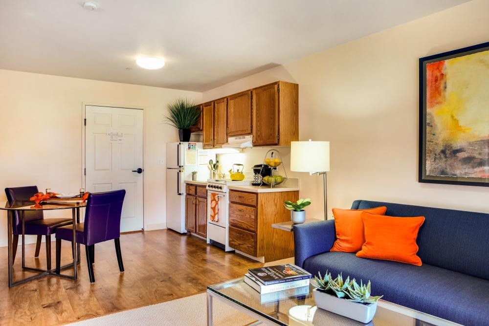 A modern apartment interior featuring a cozy living room and compact kitchen space.