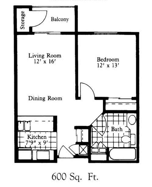 A floor plan of a one-bedroom apartment featuring a living room, dining area, kitchen, bathroom, and a balcony.