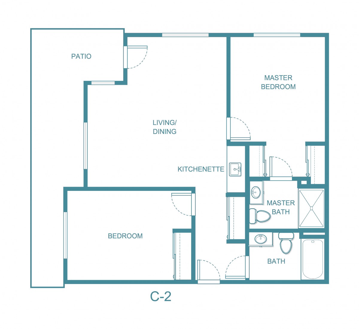 A floor plan of a two-bedroom apartment with a kitchen, living area, and bathrooms.
