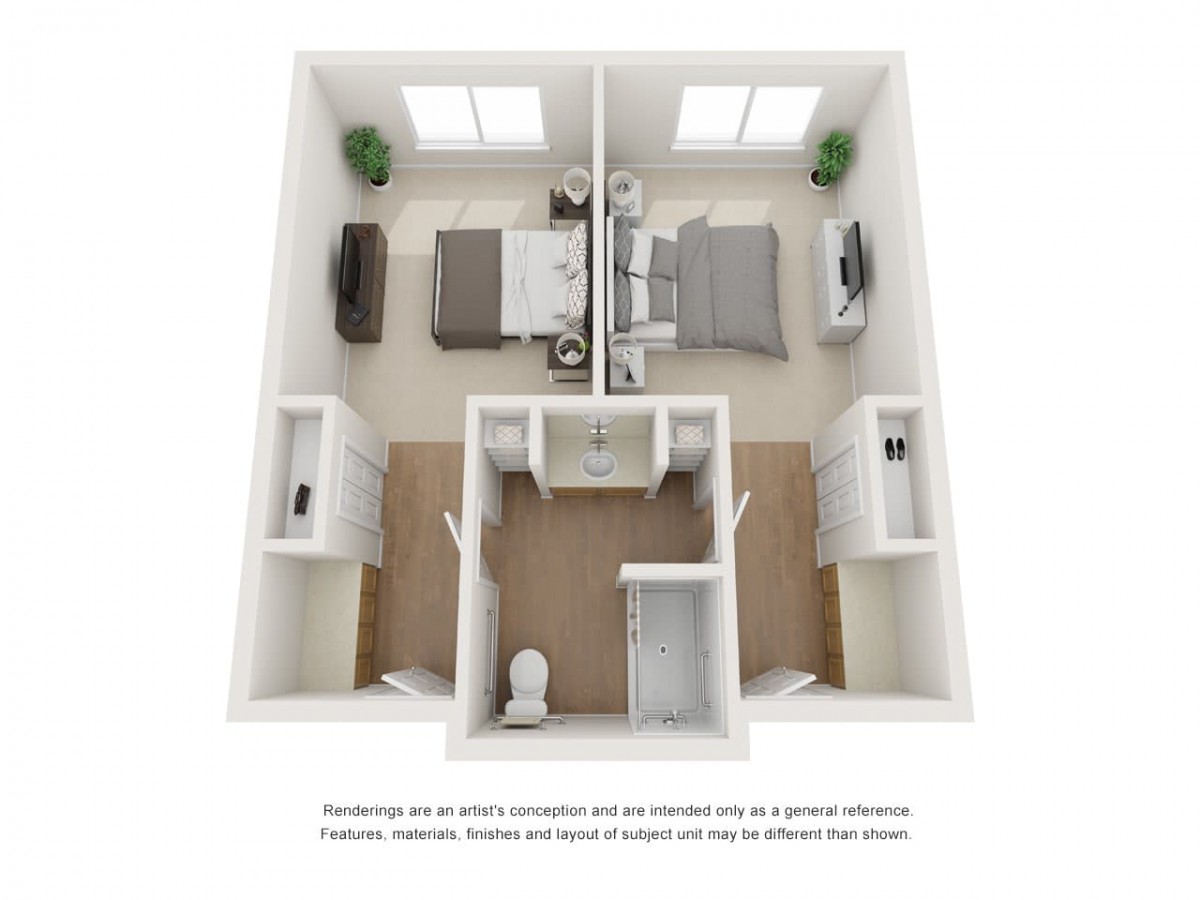3D floor plan of a two-bedroom apartment with shared bathroom and living area.