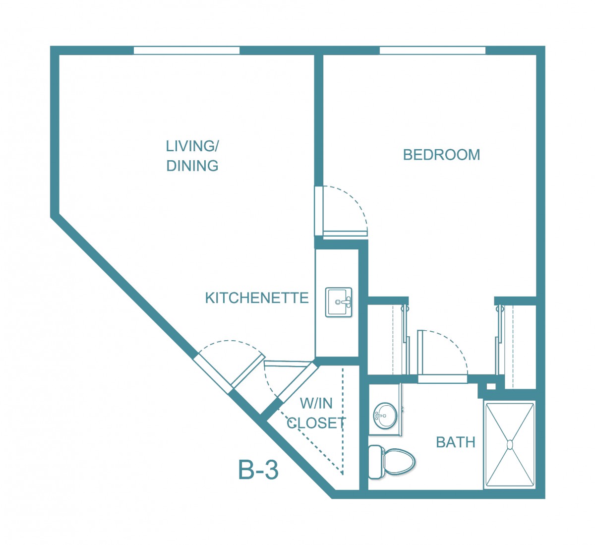 A floor plan of an apartment with a living/dining area, kitchenette, bedroom, and bathroom.