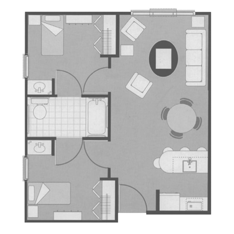A floor plan depicting a two-bedroom apartment with a living room, dining area, and kitchen.