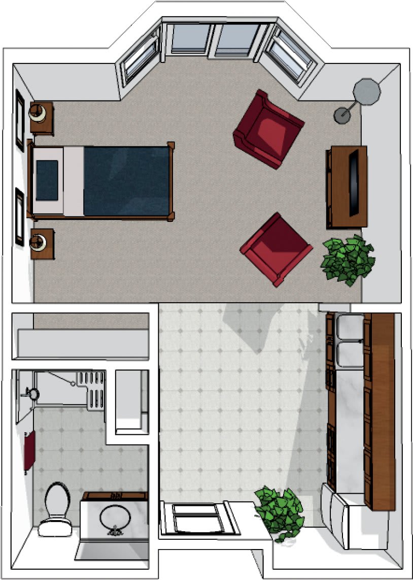 A digital floor plan of an apartment showing a bedroom, living area, kitchen, and bathroom.