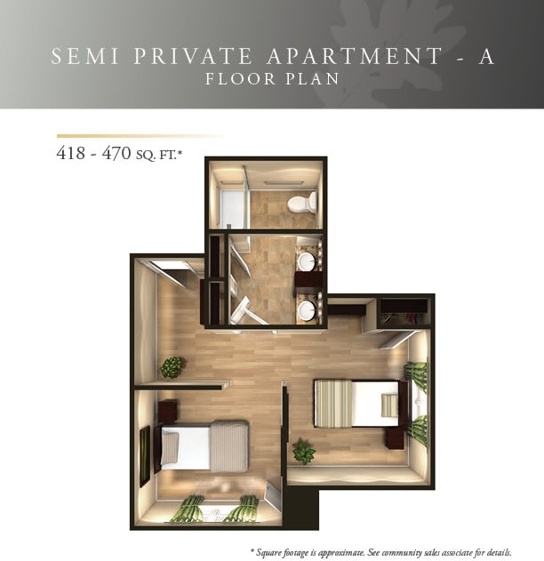 A floor plan of a semi-private apartment showing two rooms, each with a bed, and shared facilities.