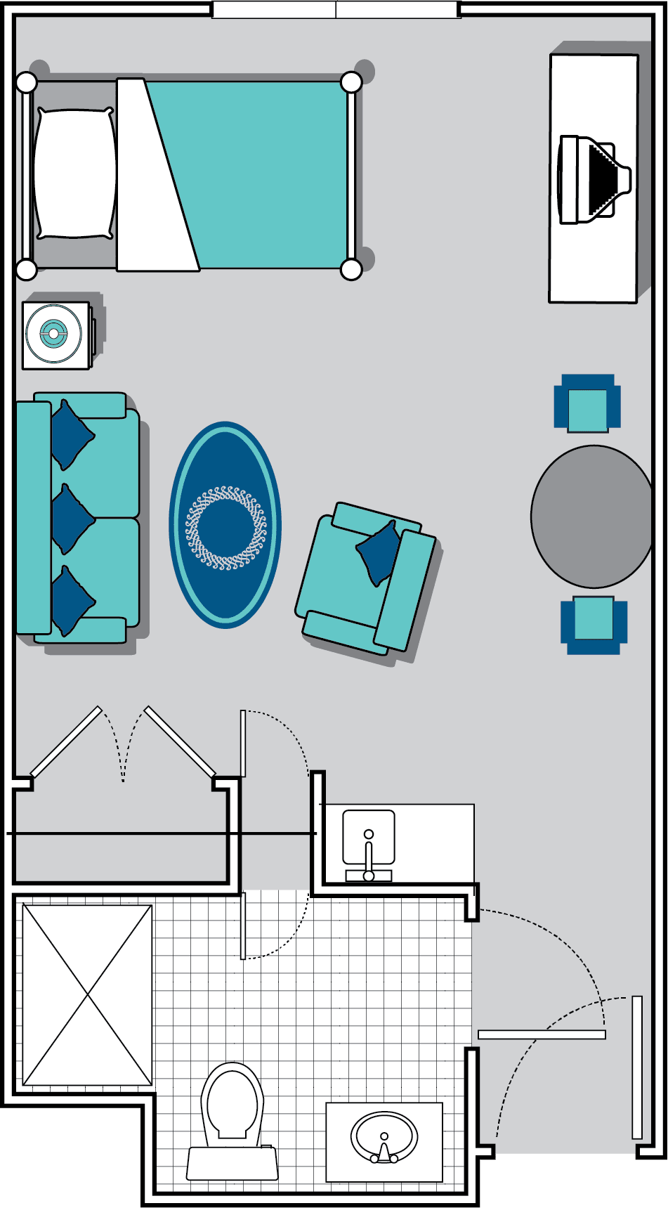 A floor plan depicting a living room and dining area with furniture arrangement.