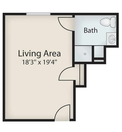 A floor plan of a studio apartment with a living area and bathroom.