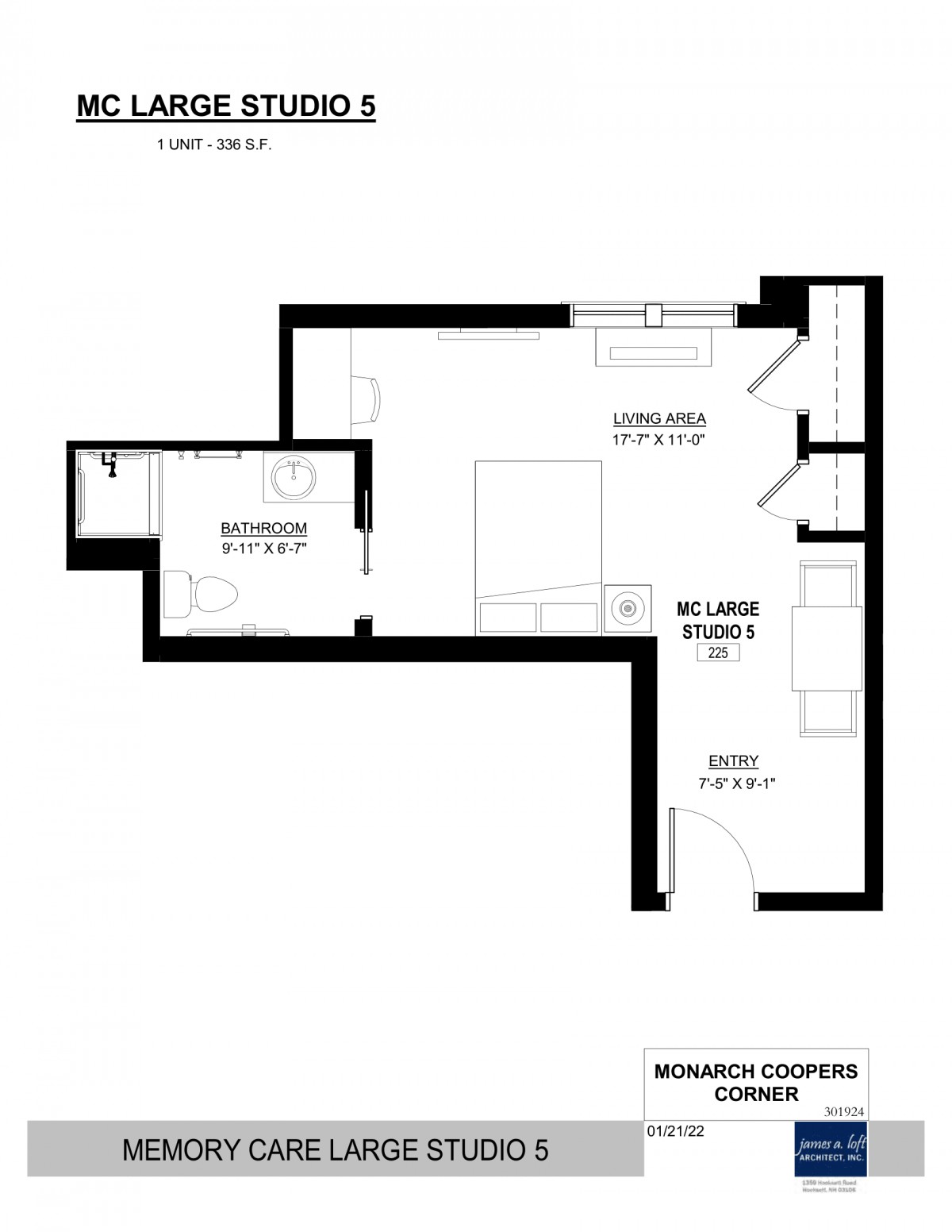 A floor plan of a studio apartment showing designated areas for living, sleeping, and cooking.