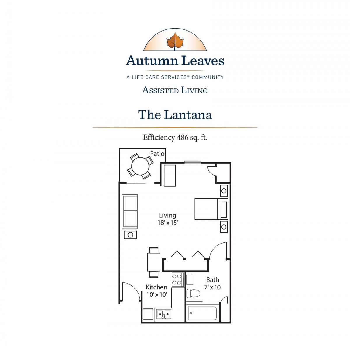 Floor plan of an assisted living apartment at the Autumn Leaves retirement community, labeled 'The Lanterns'.