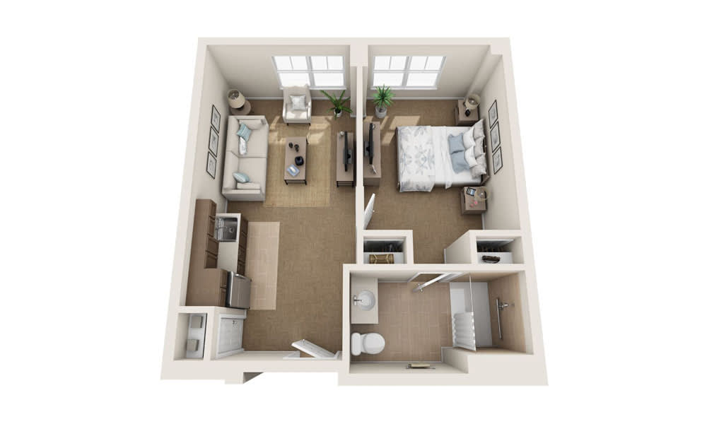 A 3D floor plan of a one-bedroom apartment featuring a living room, kitchen, bathroom, and bedroom.