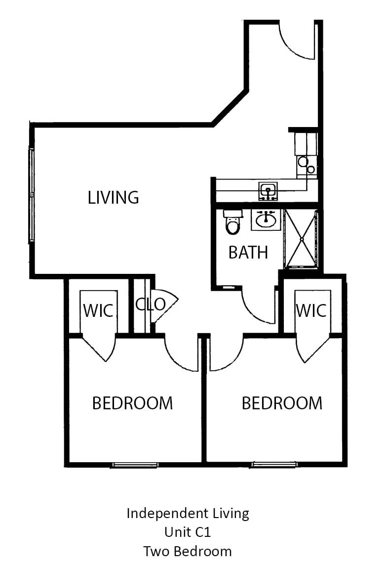 A simple floor plan of an apartment with two bedrooms, a bathroom, and a living area.