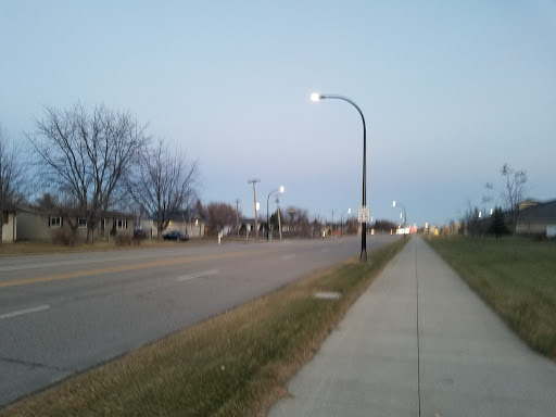 A tranquil evening scene showcasing a quiet street with lampposts and trees.