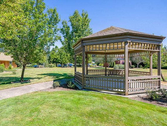 A peaceful park scene with a wooden gazebo surrounded by lush greenery on a sunny day.