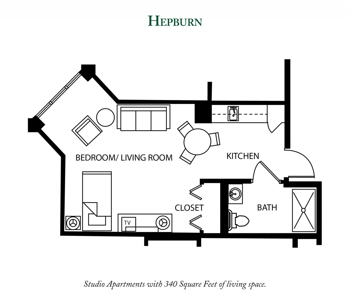 Floor plan of a studio apartment with 366 square feet of living space.