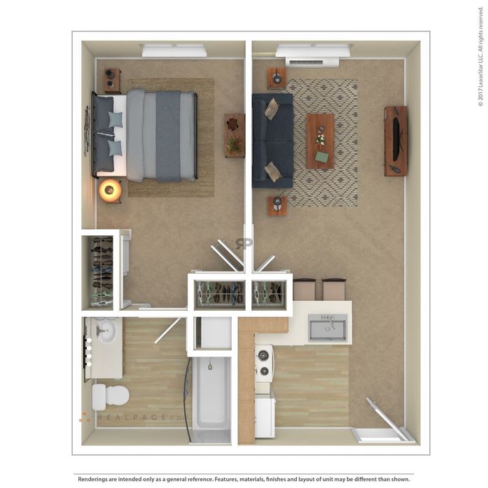 A one-bedroom apartment floor plan featuring a living room, kitchen, bathroom, and bedroom.