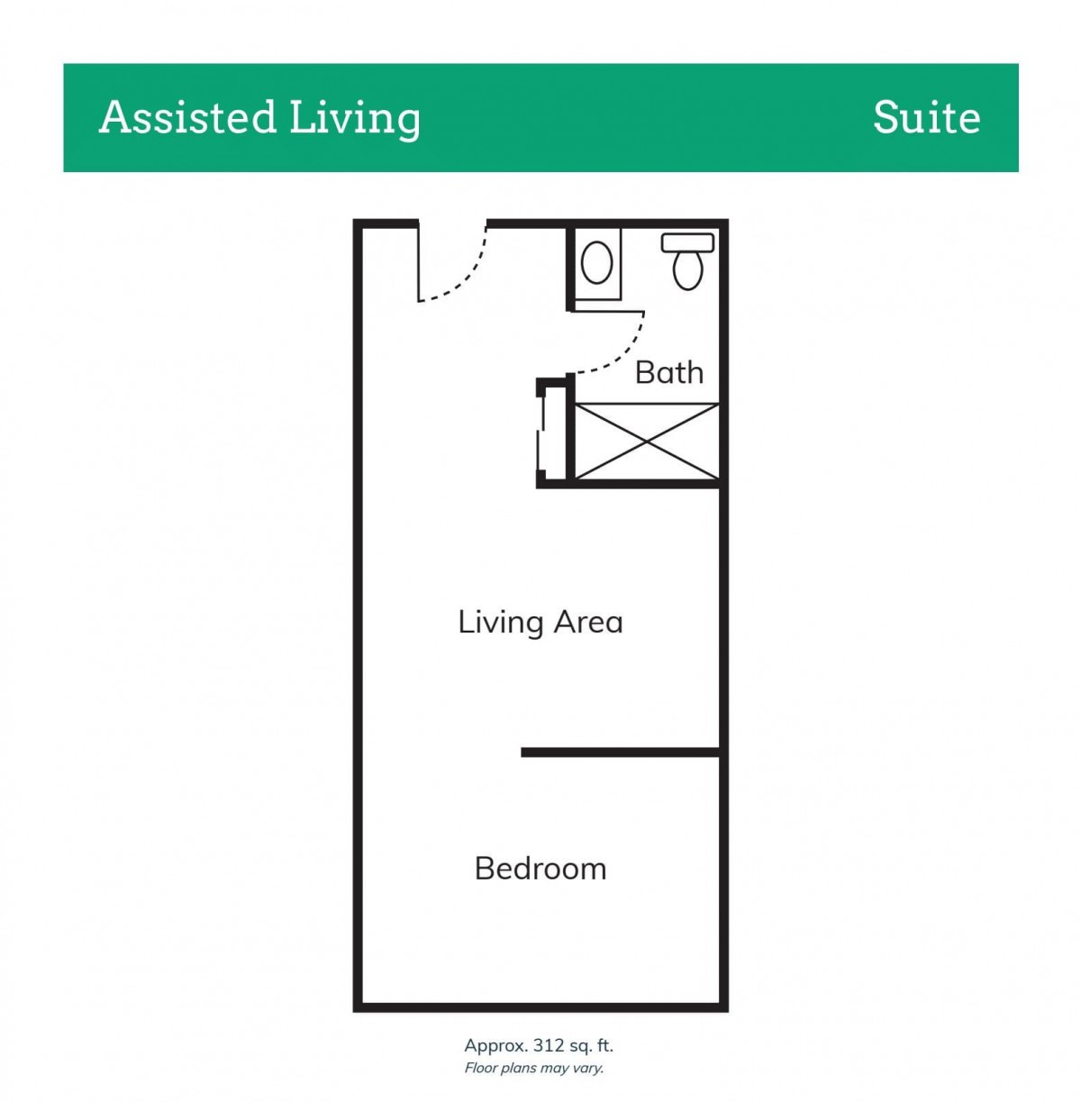 Floor plan of an assisted living suite featuring a bathroom, living area, and bedroom.