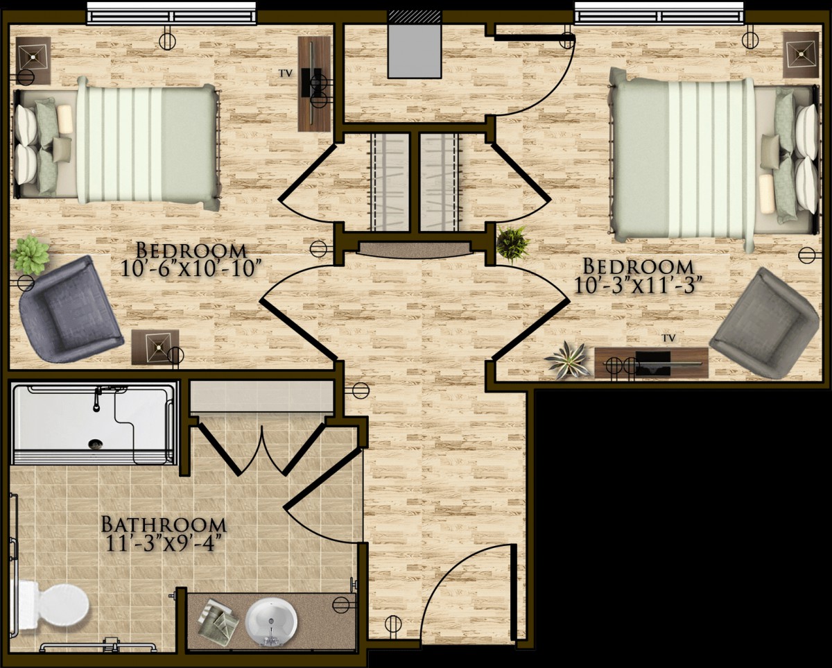A detailed floor plan showing two bedrooms and a bathroom.