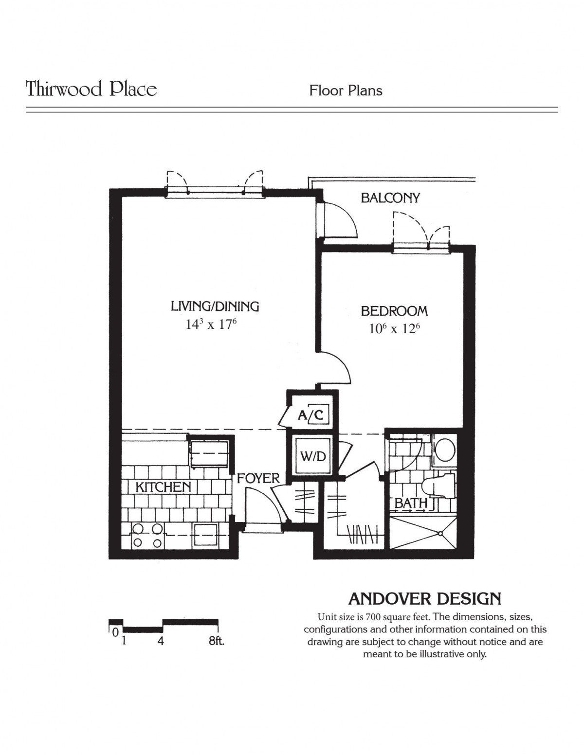 A detailed floor plan of a one-bedroom apartment featuring a living room, kitchen, bathroom, and balcony.