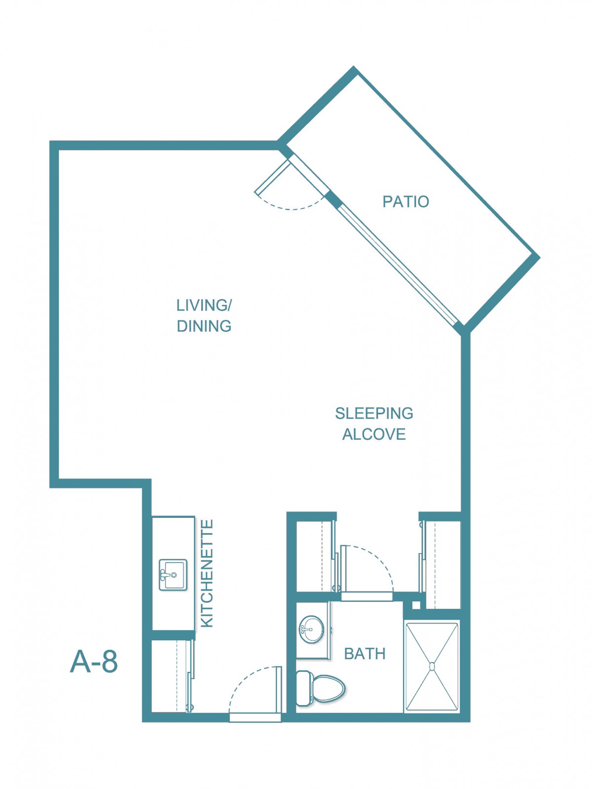 Floor plan of a studio apartment featuring a living and dining area, sleeping alcove, bathroom, kitchen, and patio.