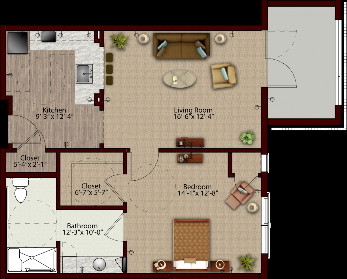 A detailed floor plan of an apartment featuring a living room, bedroom, kitchen, and bathroom.