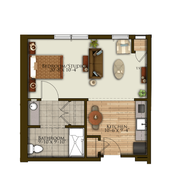 A floor plan of a one-bedroom apartment featuring a bathroom, kitchen, and living area.