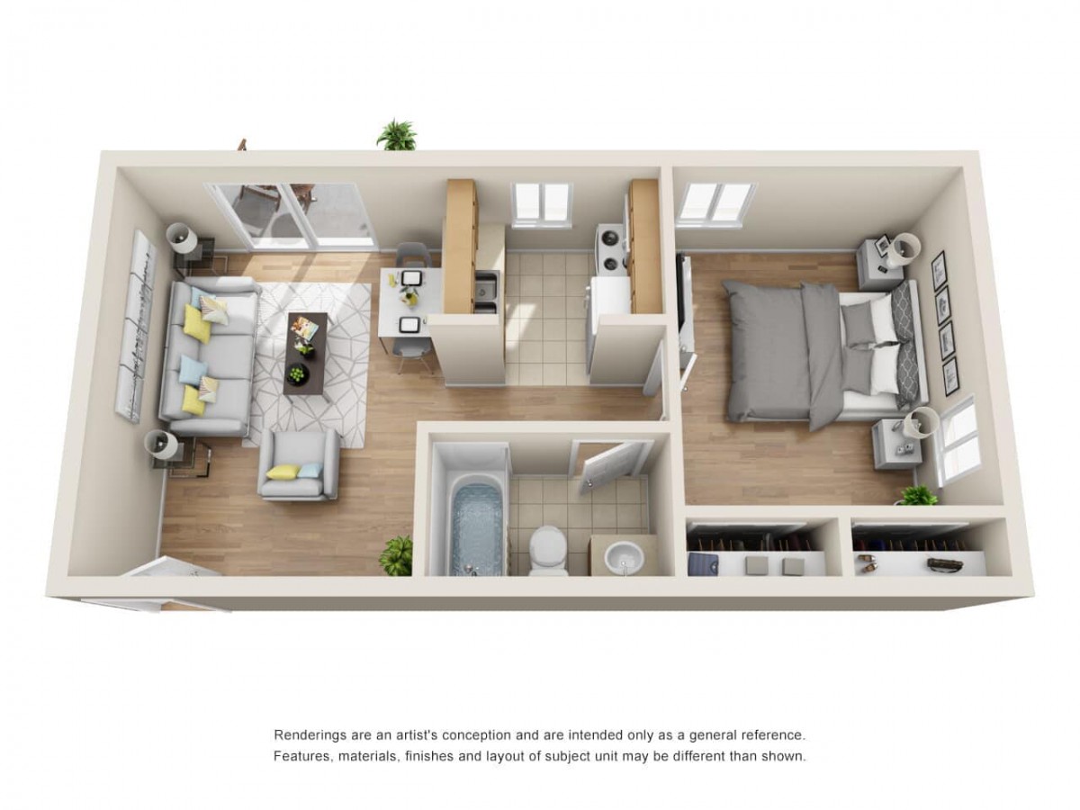 A 3D rendered floor plan featuring a living room, kitchen, bathroom, and bedroom.