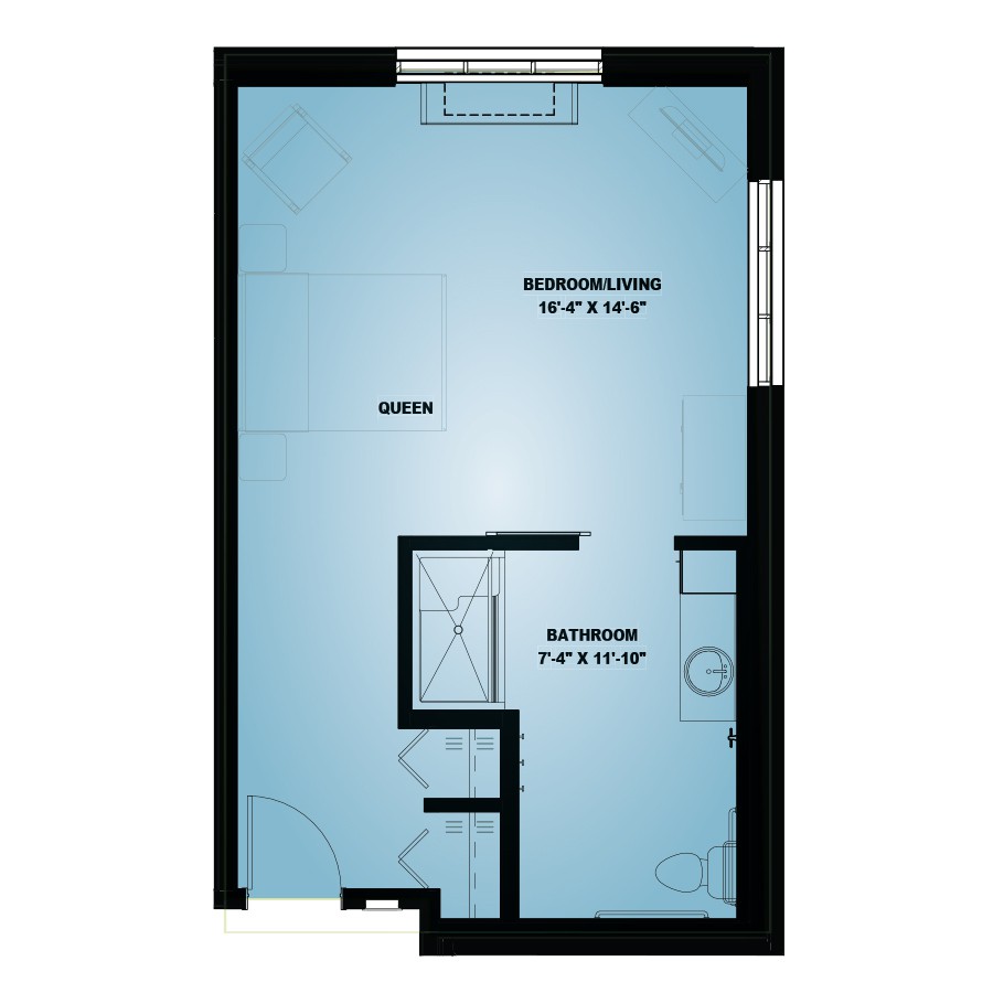 Floor plan of a studio apartment featuring a main living area and bathroom.