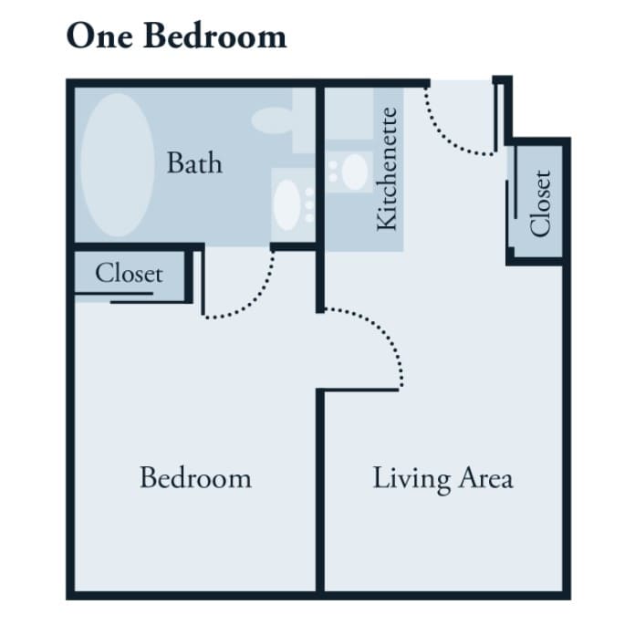 One-bedroom apartment floor plan with a living area, kitchenette, bathroom, and closets.