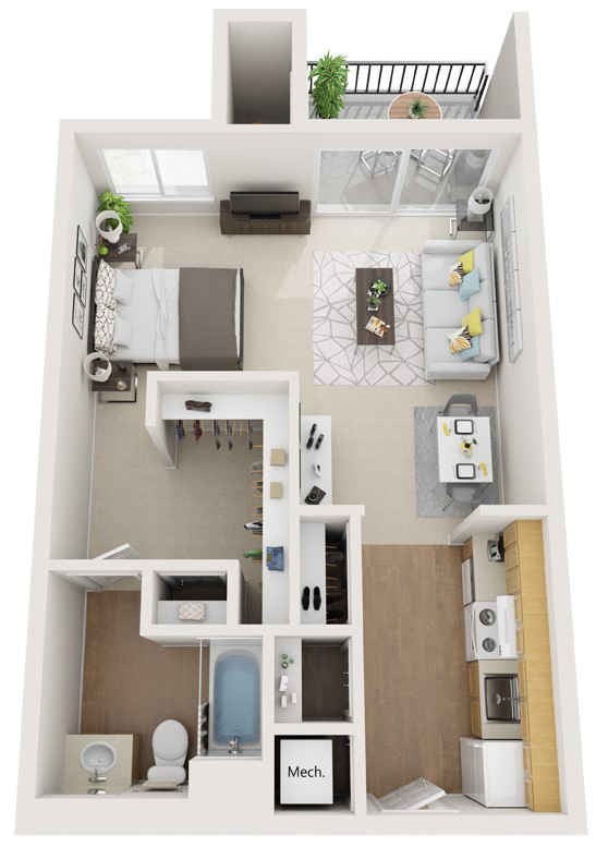 A 3D floor plan of a modern one-bedroom apartment with an open living area, kitchen, and bathroom.