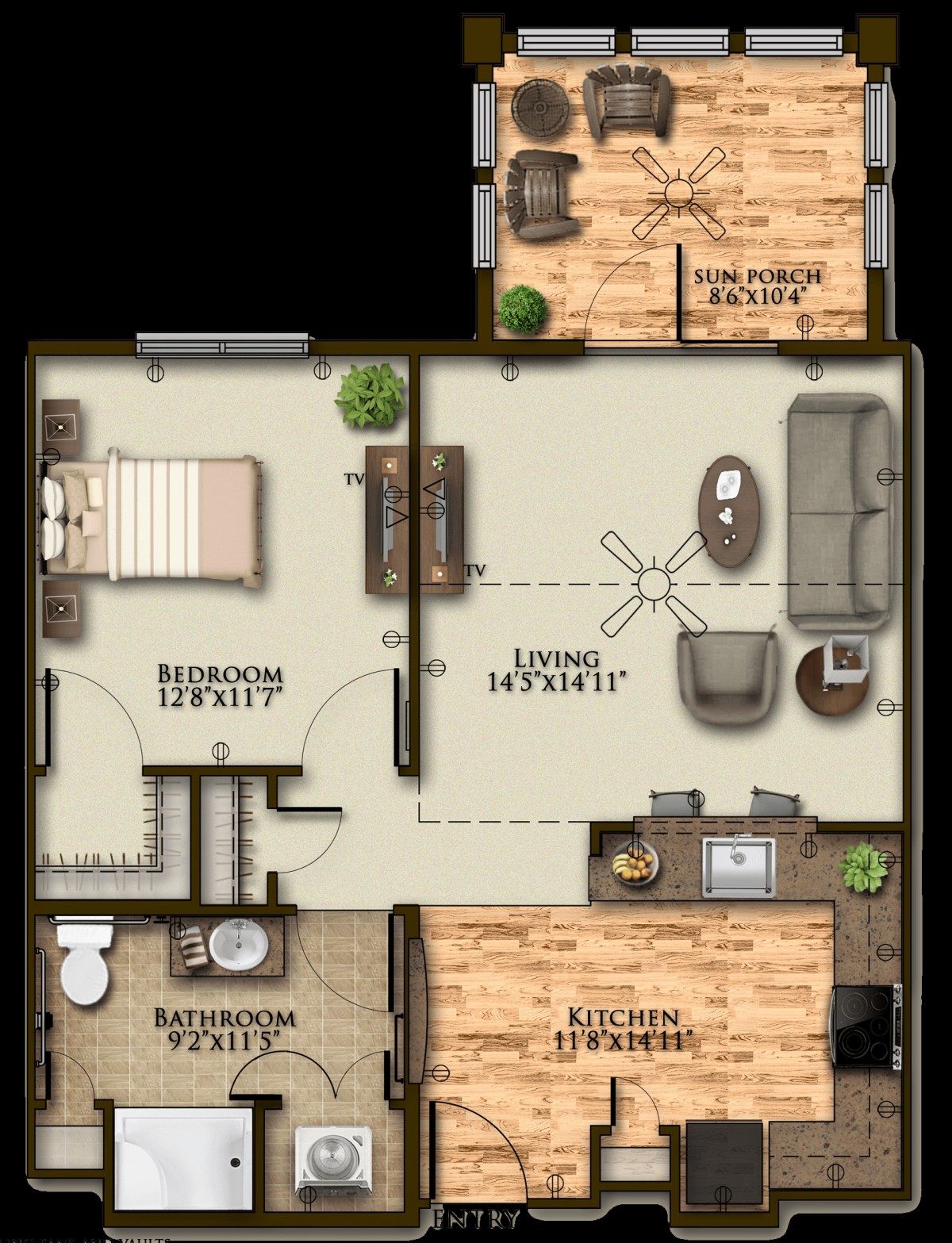 A detailed floor plan of a one-bedroom apartment, featuring a living room, kitchen, bathroom, and balcony.