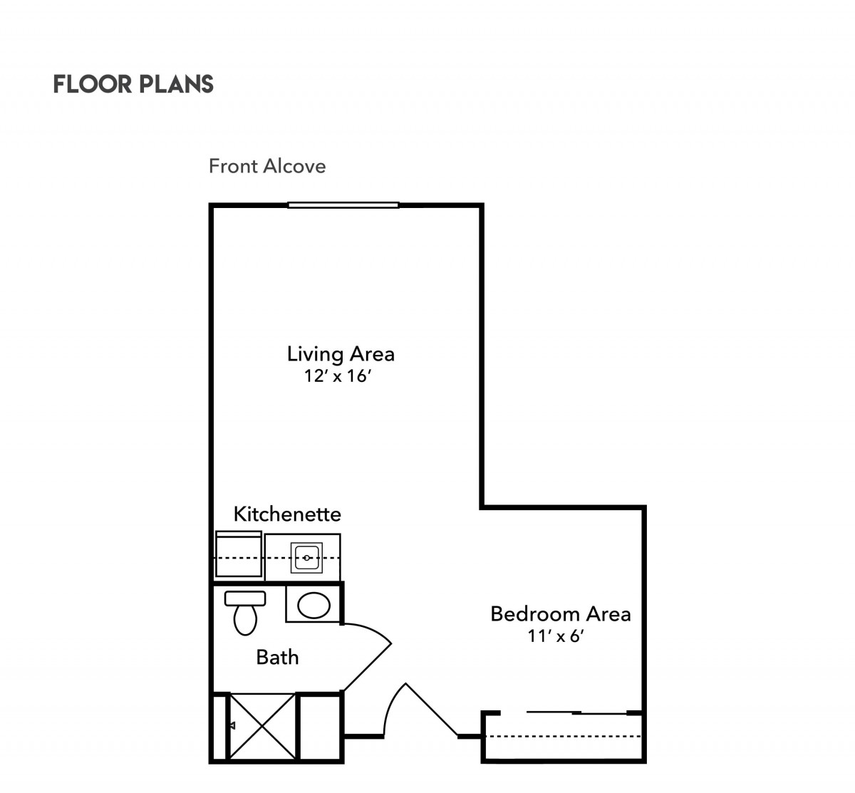 Studio apartment floor plan with living area, kitchenette, bathroom, and bedroom.