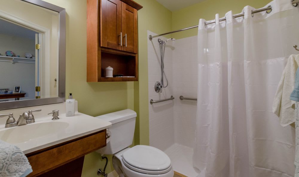 A modern bathroom with a shower, toilet, and sink featuring wooden cabinets and a shower curtain.