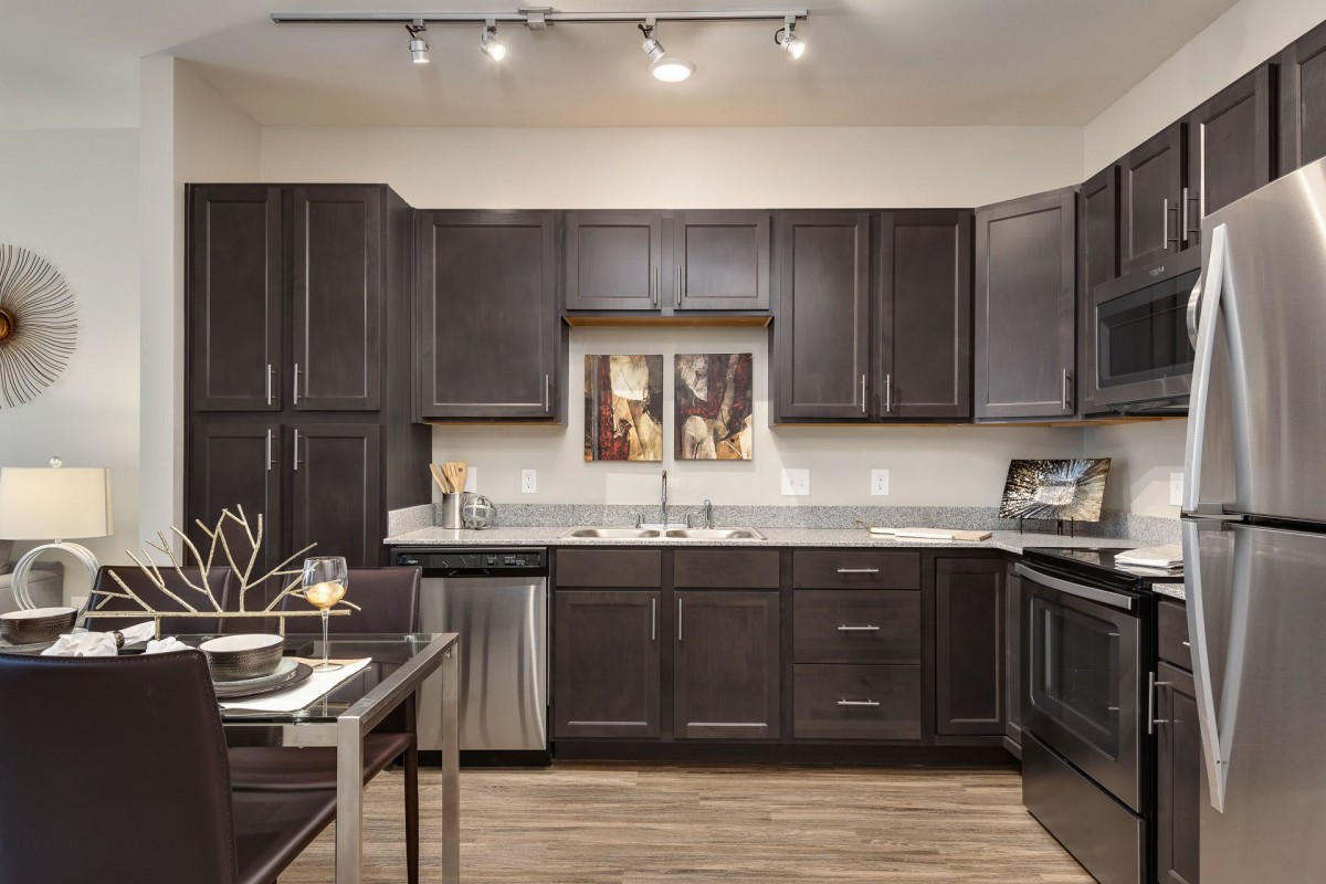 A modern kitchen with dark cabinets and stainless steel appliances.