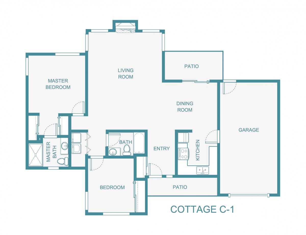 Floor plan of Cottage C-1 featuring two bedrooms, a garage, and living areas.