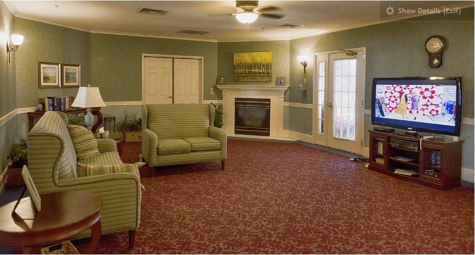 A cozy living room with green furniture, a fireplace, and red carpeting.