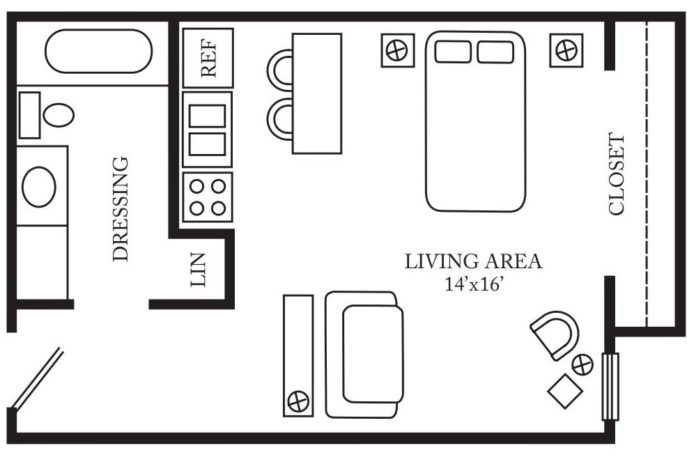 A floor plan of a studio apartment featuring a living area, kitchenette, and bathroom.