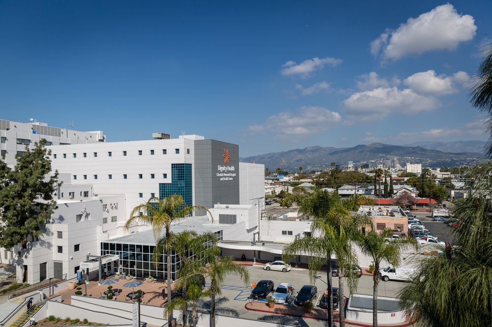 A modern hospital building with a cityscape background and palm trees in the foreground.