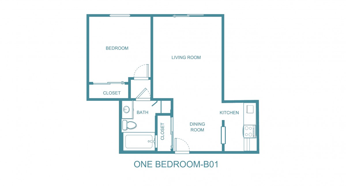Floor plan of a one-bedroom apartment, labeled as B01.