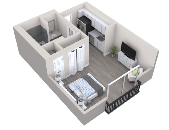 A 3D rendering of a studio apartment floor plan, showcasing an open-concept layout with a kitchen, living area, and bedroom space.