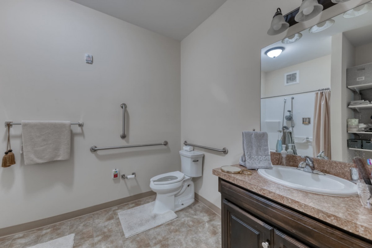 A modern bathroom with accessibility features, including grab bars beside the toilet and a clean sink area.