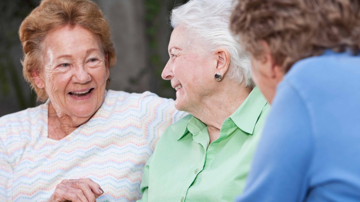 A group of elderly friends enjoying a conversation outdoors.
